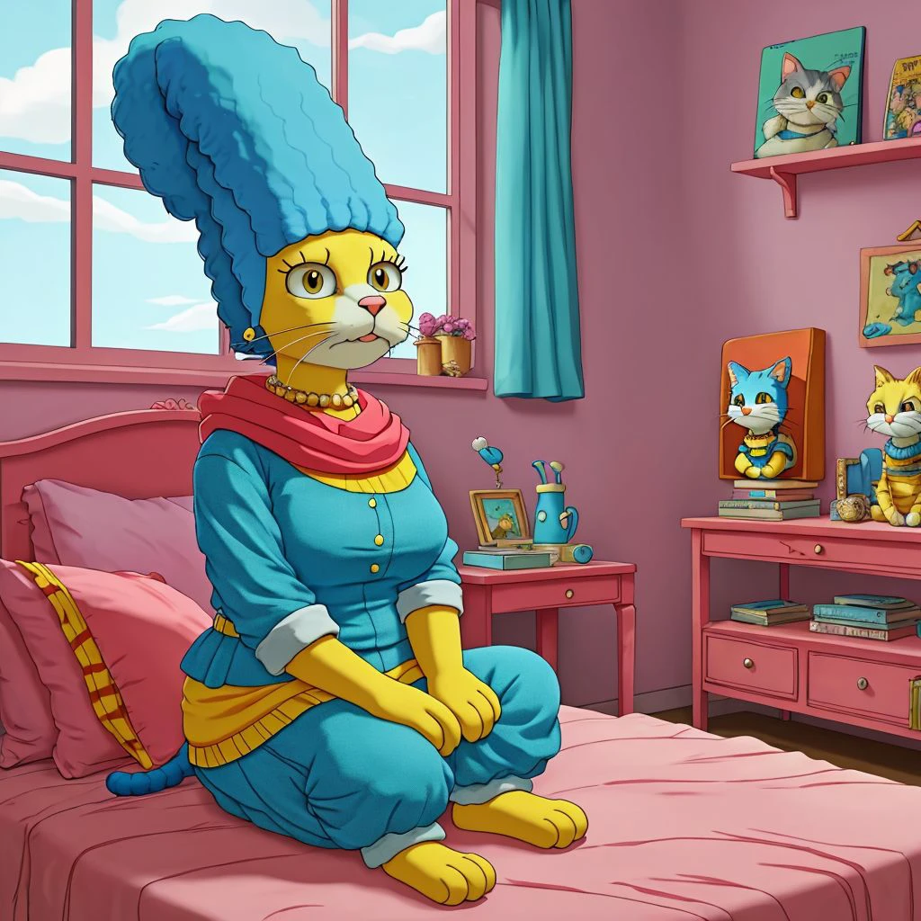 Marge Simpson HuMeow sitting on her bed in her bedroom <lora:SD15-HuMeow-LoRA:1>