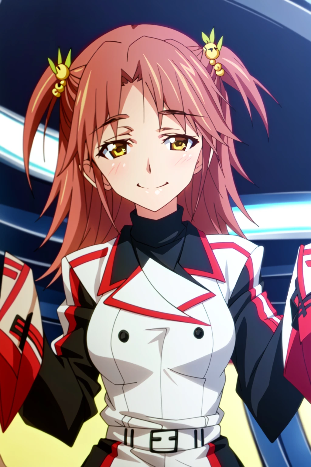 (extremely detailed CG unity 4k wallpaper),(masterpiece),(best quality),(ultra-detailed),(best illustration),(best shadow),(absurdres),(detailed background), <lora:OGT_Honne_Nohotoke-v1:1> Honne Nohotoke, 1girl, solo, smile, looking at viewer, two side up, hair ornament, upper body, brown hair, long hair, uniform, yellow eyes, long sleeves, brown eyes, breasts, twintails