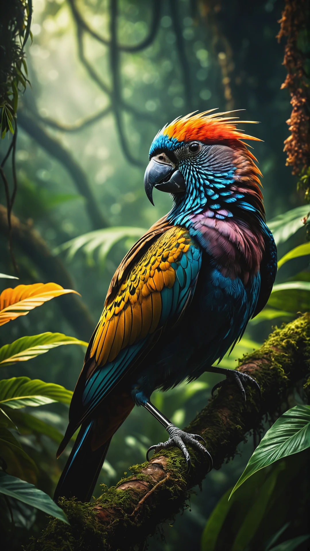 Full body shot, Jungle Lancet Bird Portrait Intricate Details, Perfect Composition, High Contrast, Clouds, Atmospheric, Moody, Raw photo, realistic, cinematic lighting, soft shadows, sharp focus, fractal, colorful, depth of field, best quality, 16k resolution,