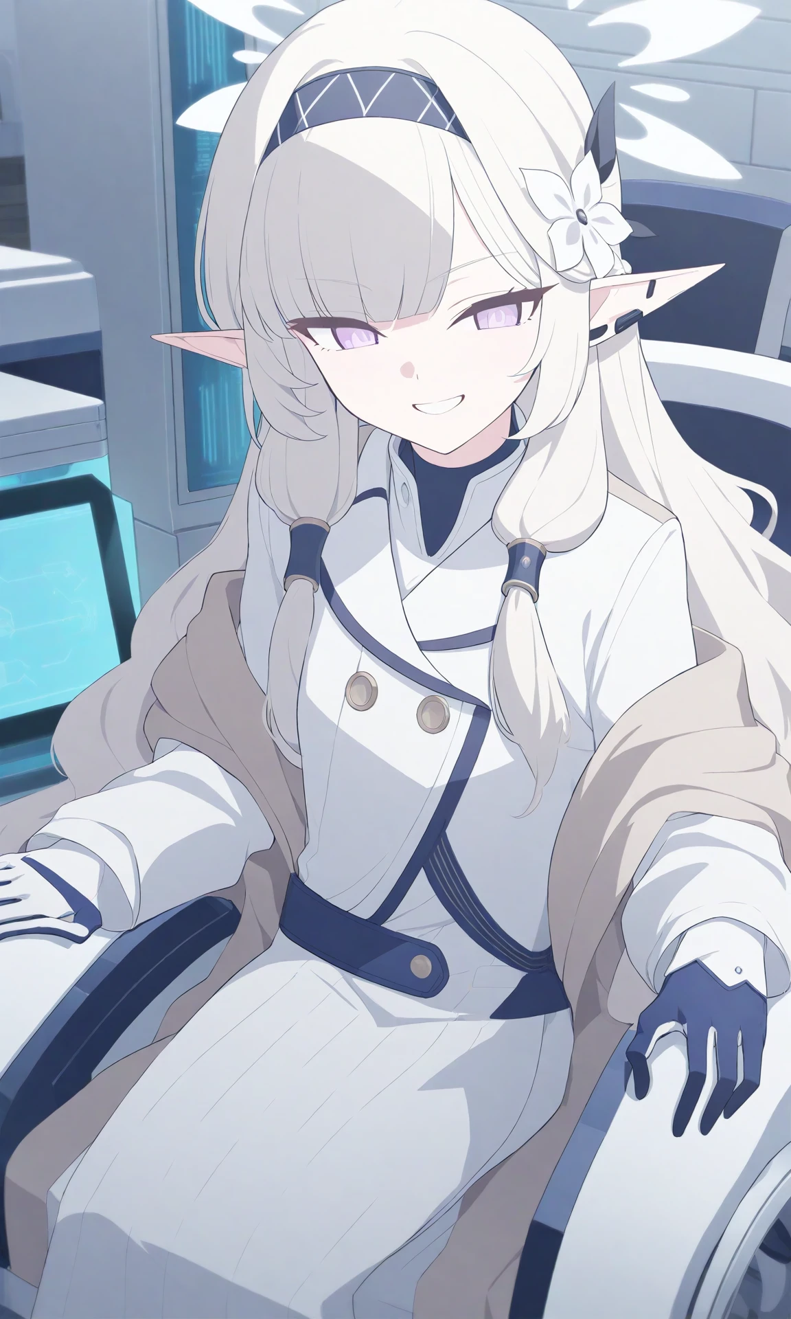 blue_theme himari_\(blue_archive\) anime_girl_sitting_in_a_chair_with_headphones_on elven_character_with_smirk in_futuristic_laboratory_room white_tunic hacking_into_the_mainframe indoors 1girl solo long_hair wheelchair pointy_ears flower hair_flower hair_ornament sitting hairband halo gloves monitor purple_eyes chair white_hair bangs dress very_long_hair long_sleeves indoors feet_out_of_frame best_quality newest