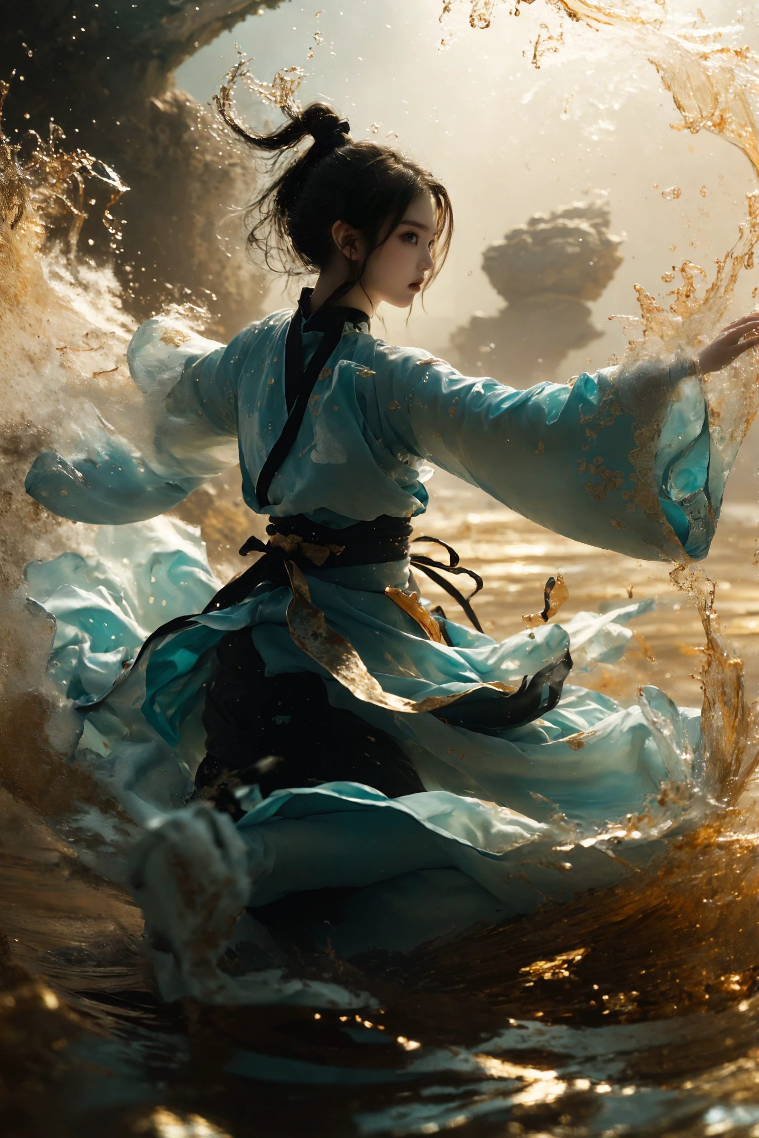 ultra high resolution, ((masterpiece))), (((best quality))), ((super detailed)),  ((extremely delicate and beautiful)),cinematic light, detailed environment(real), motion blur, depth of field,
1 girl,solo, (white hair:1.2),High ponytail,(absurd long ponytail:1.3), (dark turquoise and light gold hanfu:1.2), wide sleeves,
wide sleeves, outstretched arms, fighting stance,
(splashing:1.3),
<lora:~Q?-kfOV3 xuer martial arts:0.8>