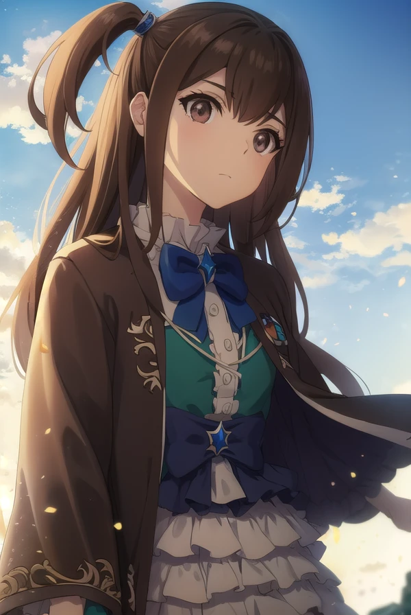 kizunakazayama, <lora:kizuna kazayama s2-lora-nochekaiser:1>,
kizuna kazayama, long hair, brown hair, (brown eyes:1.5), two side up,
BREAK long sleeves, dress, bow, frills, wide sleeves, bowtie, cape, blue bow, brooch, green dress, black cape,
BREAK outdoors, forest, nature, sky, sun, clouds,
BREAK looking at viewer, (cowboy shot:1.5),
BREAK <lyco:GoodHands-beta2:1>, (masterpiece:1.2), best quality, high resolution, unity 8k wallpaper, (illustration:0.8), (beautiful detailed eyes:1.6), extremely detailed face, perfect lighting, extremely detailed CG, (perfect hands, perfect anatomy),