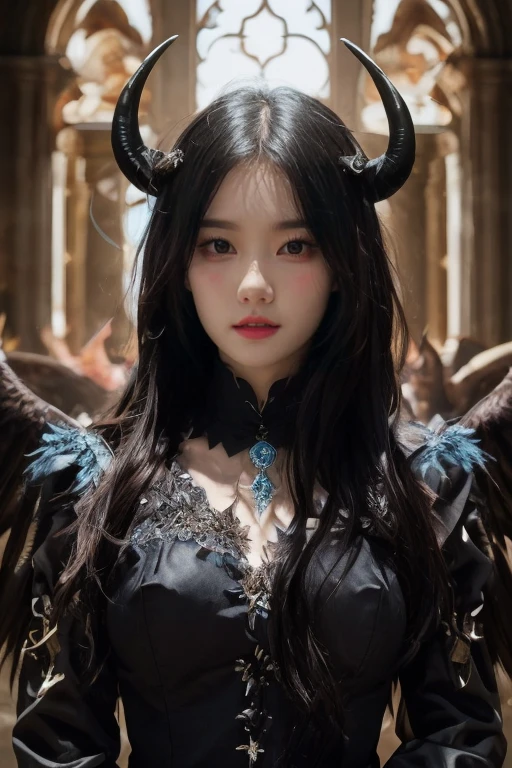 unparalleled 8K UHD professional photograph that stands as a testament to the zenith of artistic vision, set against the backdrop of a spellbinding fantasy realm. At the heart of this realm is a 20-year-old girl, a figure of sublime beauty with cascading soft black hair that glimmers like strands of starlight. Her presence is a harmonious contradiction: while her visage radiates innocence, her amazingly elegantly arched black devil horns unveil her true identity as a bona fide real demon. These devil horns, majestic yet menacing, are a perfect embodiment of her dual nature, blending seamlessly with her enchanting allure. Her pale hands, captured in exquisite detail, are not just visually striking but are also imbued with the narrative of her demonic heritage, each line and curve a whisper of her ancient lineage. The scene is bathed in a resplendent natural light that not only illuminates but also enhances the surreal elements of this otherworldly setting. The light weaves through her hair, dances around her horns, against a backdrop that is vibrant and dreamlike. This composition is a masterful interplay of light and shadow, adding depth and dimension, and rendering every texture so vivid that it feels tangible. This photograph is more than a visual feast; it's an immersive experience. The viewer is not merely observing but is drawn into a world where the line between reality and fantasy blurs, touched by the beauty, mystery, and intrinsic joy of this demon girl. It's a portrayal that transcends the medium, capturing the essence of their otherworldly existence in a moment frozen in time.