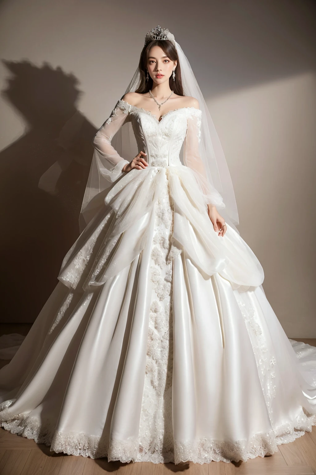 1 Girl,(White Wedding Dress:1.2),Wedding Dress,Full Body,Standing,French Wedding Dress,Glitter,Long Dress,Crown,Puff Sleeves,Puffy Skirt,Jewelry,Necklace,Veil,Masterpiece,Best Quality,Official Art,Hyper Detail,High Resolution,Surrealism,Huge Detail,Beautiful Eye,Extremely Delicate Beauty,Extremely Detailed,CG,Amazing,Fine Detail,<lora:hunsha_20240115192457-000003:0.4>,<lora:gaoshan_20240115150428-000004:1>,
