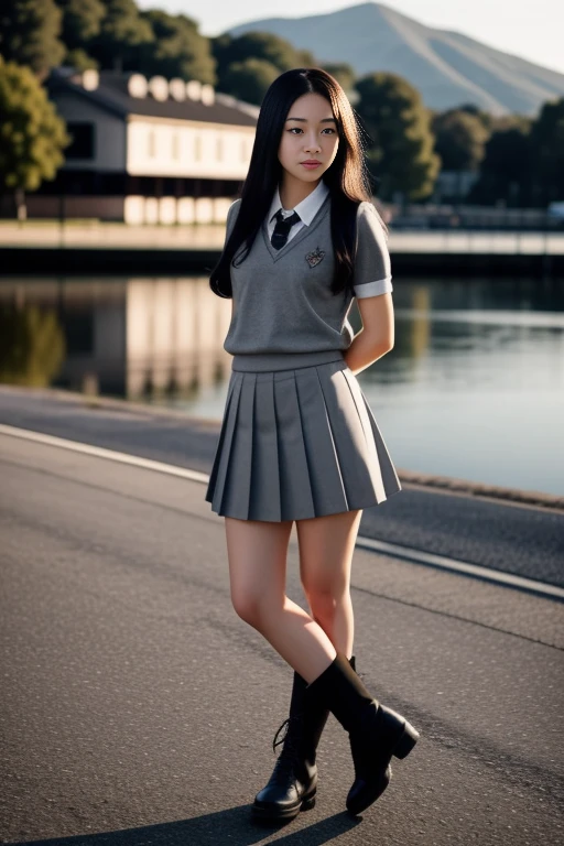 Standing on the school roof、Japanese high school girls、Cute face、Long black hair、Summer uniform、miling、Full body portrait