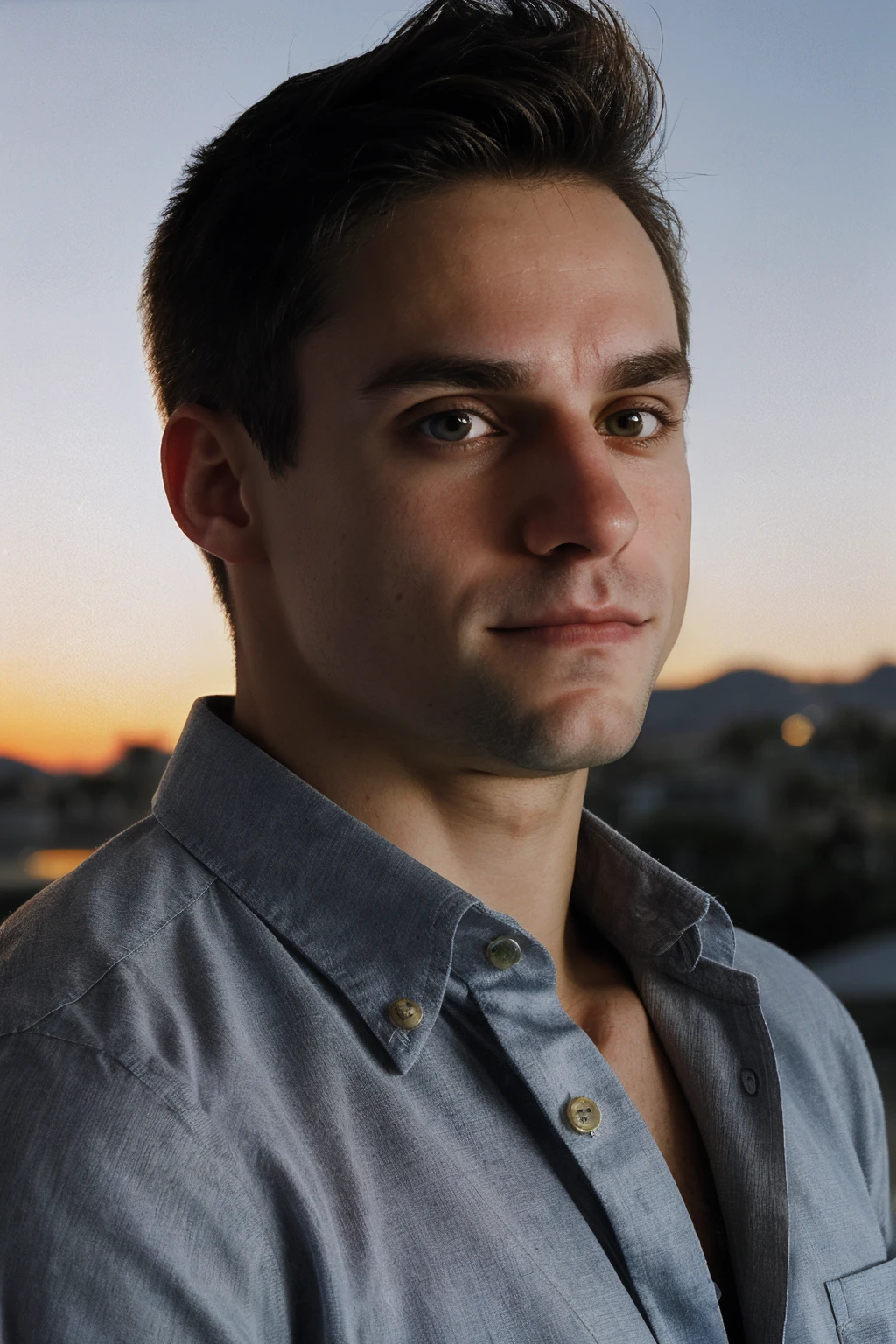 headshot, close-up, photo of sam_mikulak <lora:sam_mikulak-05:0.75> wearing a stylish button up shirt, blurred California background, natural light, golden hour, (light bokeh:0.5)