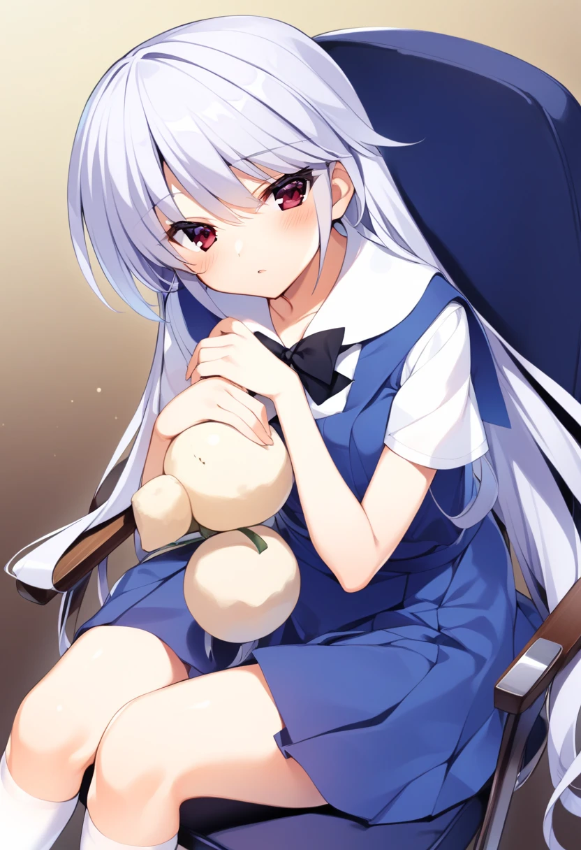 late, 1girl, kazami kazuki, silver hair, long hair, red eyes, school uniform, black bow, sitting on chair, white kneehighs, <lora:lora-000003:1>