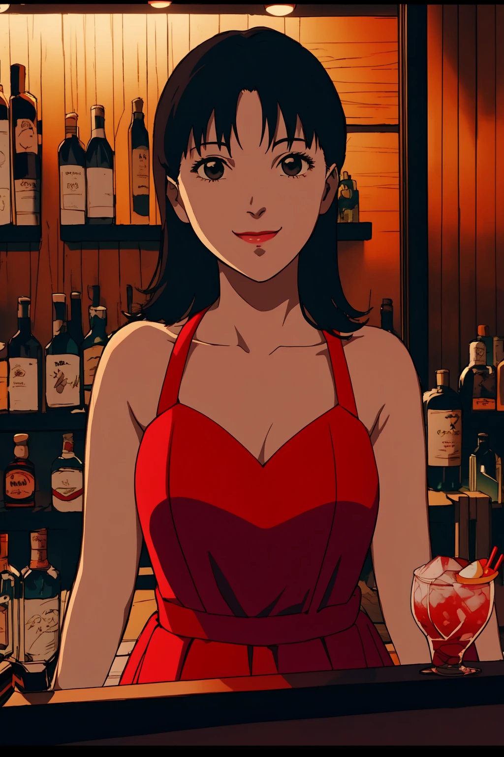 (RAW photo, best quality), 1girl,  natural lighting, upper body, cocktail bar, smile, dress, night time,
<lora:satoshi_kon_art_style_v1_2-000007:1>, satosh kon art style