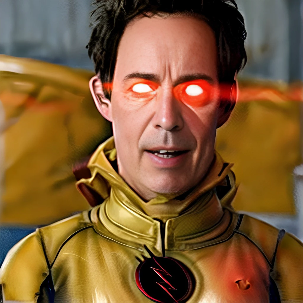 Thawne, brown hair, blue eyes, angry face, looking into camera, yellow suit