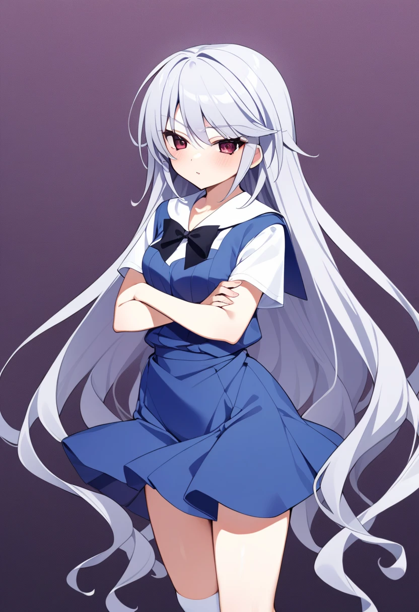 newest, 1girl, kazami kazuki, silver hair, long hair, red eyes, school uniform, black bow, white kneehighs, black boots, standing, arms crossed <lora:lora-000003:1>