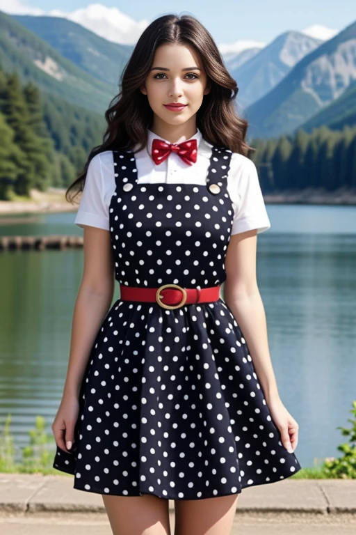 realistic, masterpiece, high detailed skin, looking at viewer, full body shot, scenic view, long hair, black hair
<lora:Pinafore_Polka_School_Dress_By_Stable_Yogi:1> polka dots pattern pinafore dress, long skirt, red bowtie, belt