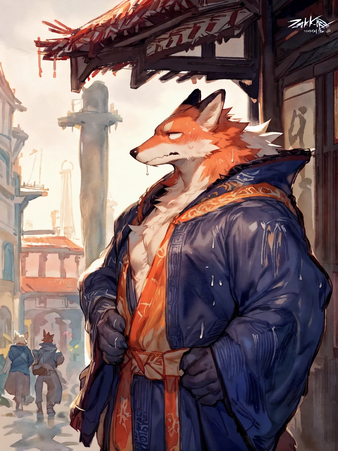 furry,male,anthro fox,fluffy muscle,Thin,15age juvenile,hanfu,Rain,disappointed and lost,Delicate face,Delicate eyes,Chang'an Old Town, by zackary911, by bebebebebe, by null-ghost, by youhei79384157, ink, watercolor \(artwork\), color splash, colorful