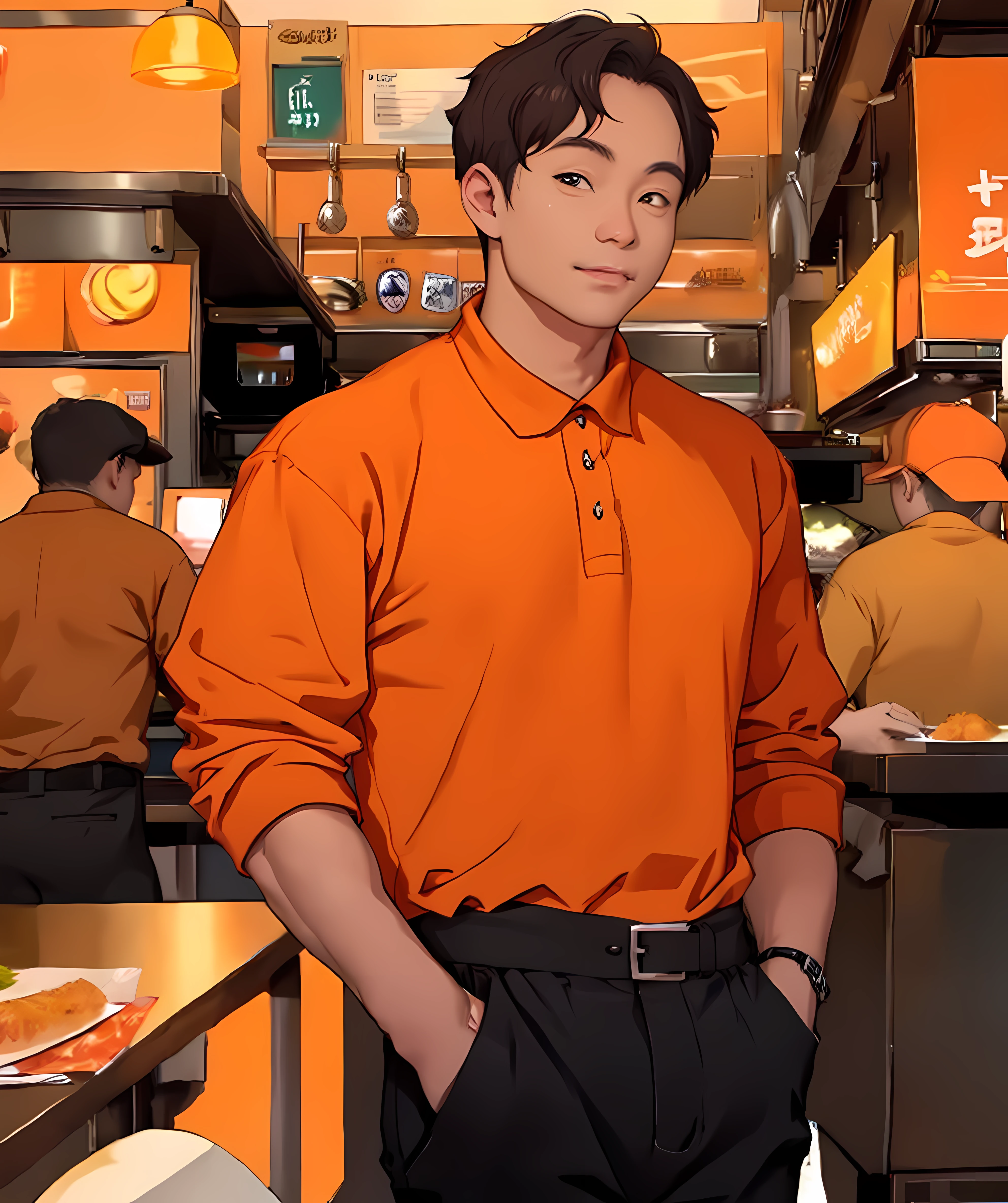 uncle_roger, orange shirt, standing, looking at viewer, long pants, restaurant<lora:Uncle_Roger:0.9>