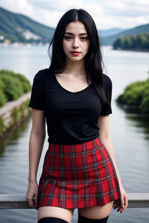 1 woman, 22yo, realistic, masterpiece, high detailed skin, looking at viewer, full body shot, scenic view, long hair, black hair
black shirt, microskirt, thighhighs, red plaid skirt, fishnets
<lora: