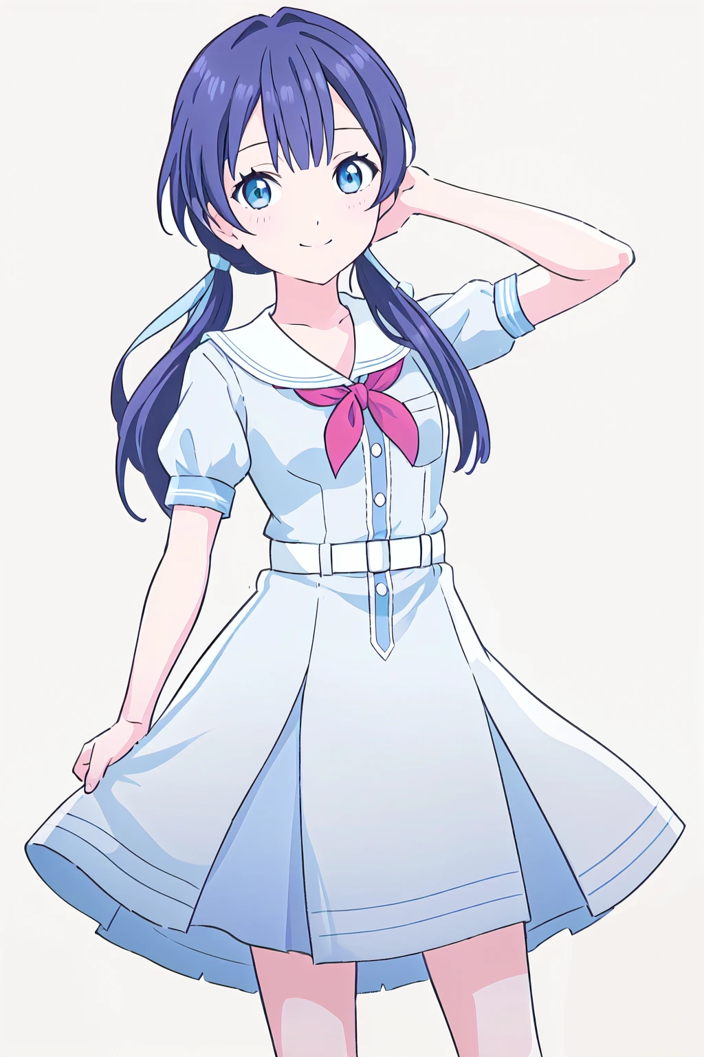 (best quality, masterpiece:1.2), (solo:1.2), anime, anime screencap, anime coloring, vivid color, light particles, looking at viewer, smile, (white background, simple background, grey background:1.3),
<lora:A_Murano Sayaka SSU2:0.8> murano sayaka, short sleeves, summer uniform,
