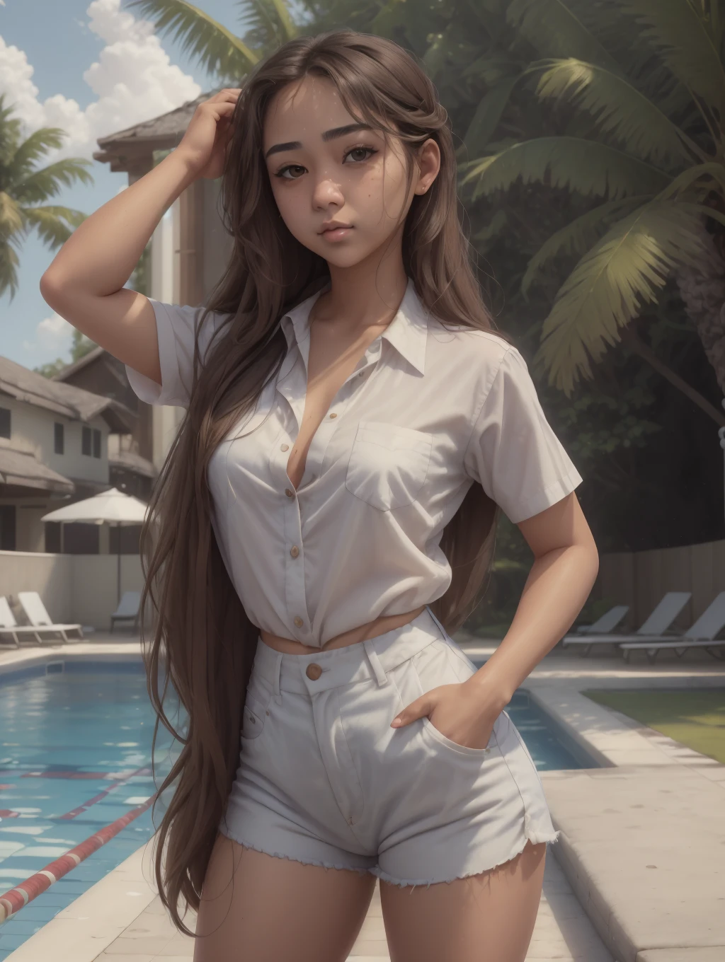 masterpiece, best quality, semi-realism, 25yo woman, Mila, pretty face, detailed eyes, island resort, poolside, white blouse, khaki shorts, SFW, standing, hand on head, <lora:MIO-IG:1>