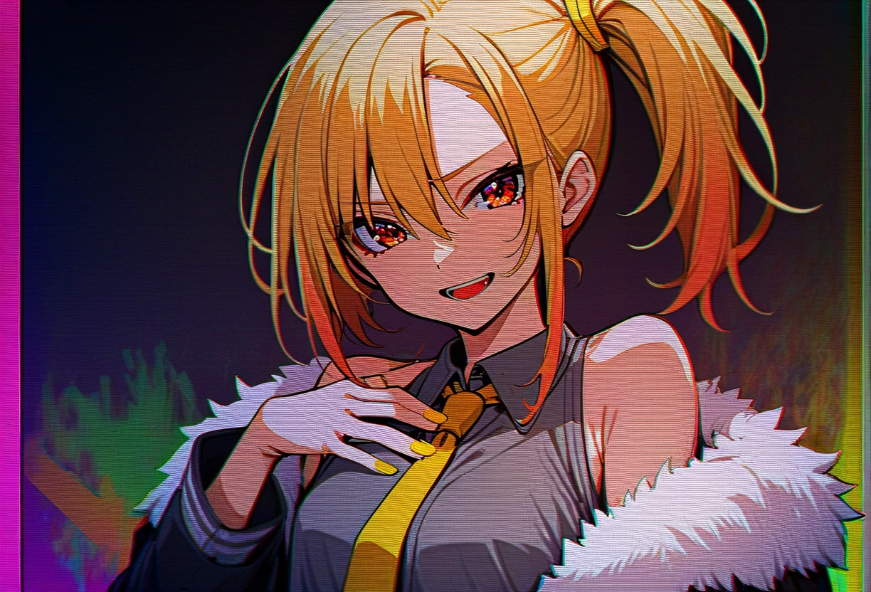 1girl,akita neru,vocaloid,warau gyakushuu \(vocaloid\),bare shoulders,blonde hair,blurry,blurry background,coat,fur-trimmed coat,fur trim,furrowed brow,glitch,glowing,grey shirt,hand on own chest,hand up,long hair,looking at viewer,nail polish,necktie,open mouth,scanlines,shirt,side ponytail,smile,solo,upper body,yellow nails,yellow necktie, 
perfect hands, nice hands,
best quality