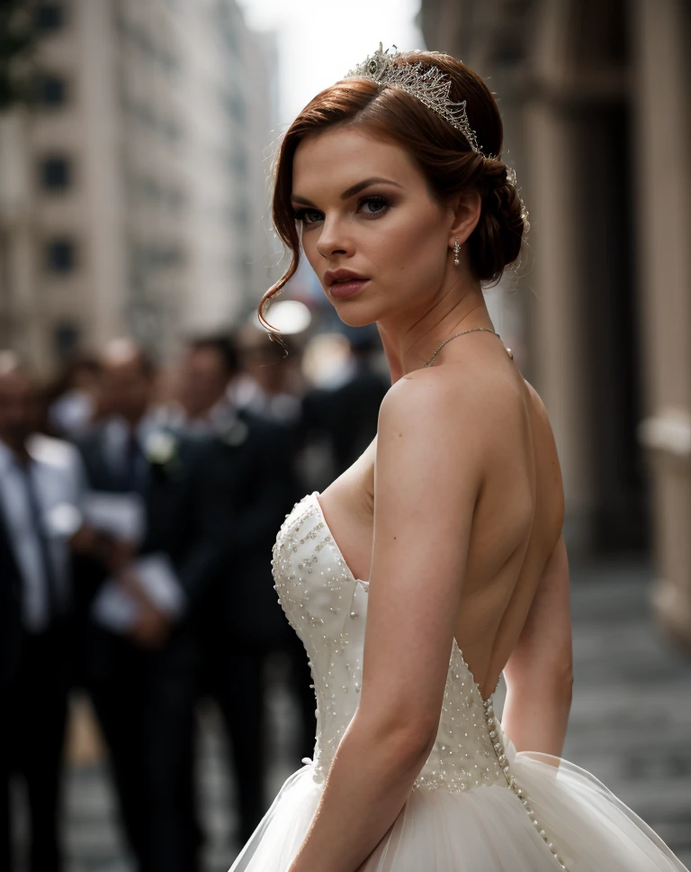 cinematic film still <lora:quiron_TarraWhite_v1_lora:0.87> TarraWhiteQuiron a woman wearing Mermaid wedding dress, . shallow depth of field, vignette, highly detailed, high budget Hollywood movie, bokeh, cinemascope, moody, epic, gorgeous, film grain, grainy