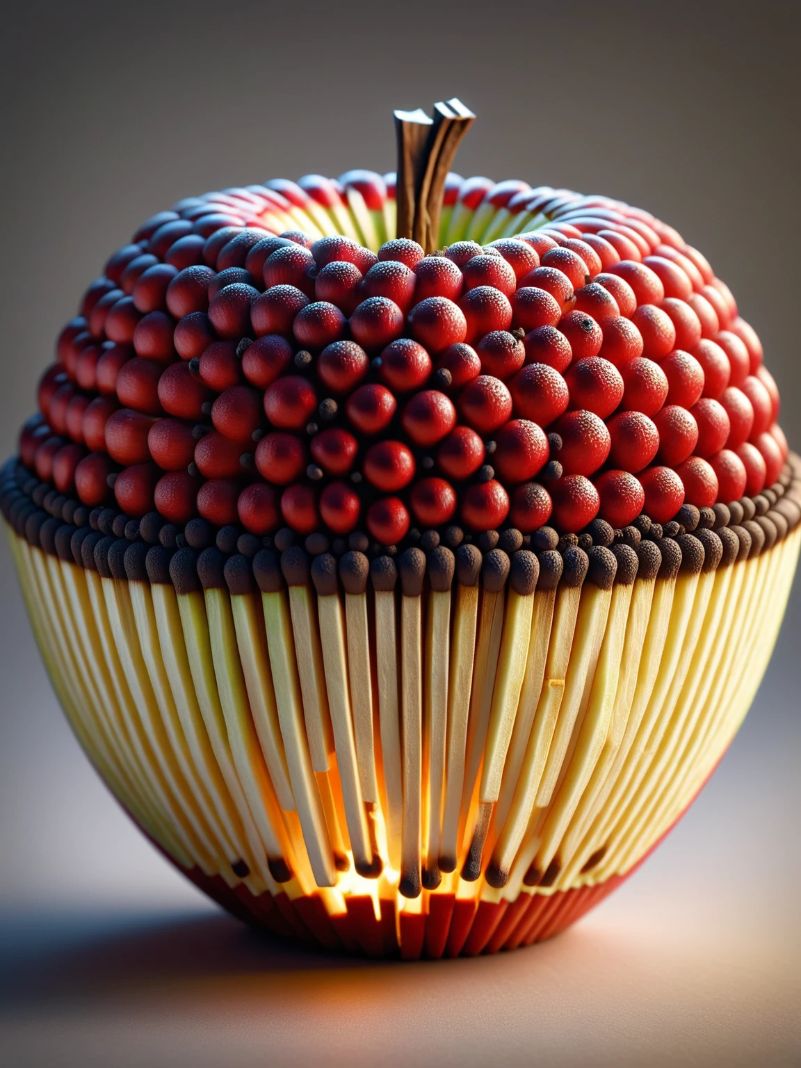 A detailed model of an apple made of ais-matches, with intricate texture and realistic shape, set against a plain background <lora:Matches_Style_SDXL:1>