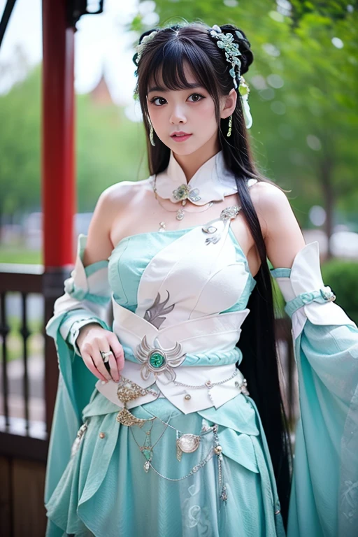 ltra-detailed,highly detailed,best quality,masterpiece,illustration,realistic,photorealistic,
zhuxianbiyao, 1girl, solo, cosplay,
hanfu, jewelry, cowboy shot,
looking at viewer,
<lora:zhuxianbiyao_v1_07:0.7>