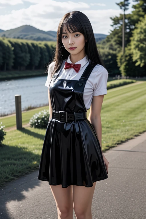 1 woman, 22yo,  realistic, masterpiece, high detailed skin, looking at viewer, full body shot, scenic view, long hair, black hair
<lora:Latex_Pinafore_School_Dress_By_Stable_Yogi:0.8> black latex pattern pinafore dress, school dress, long skirt, red bowtie, belt