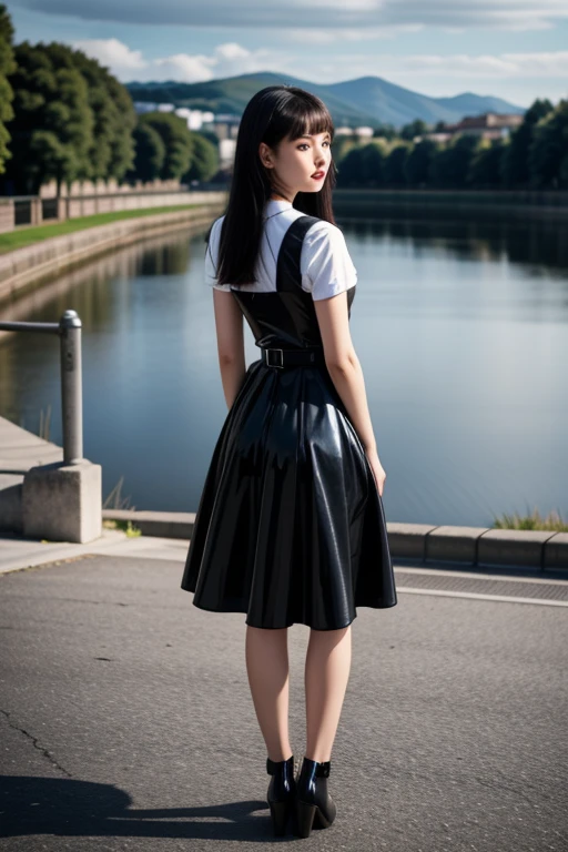 1 woman, 22yo, realistic, masterpiece, high detailed skin, looking at viewer, full body shot, scenic view, long hair, black hair
<lora:Latex_Pinafore_School_Dress_By_Stable_Yogi:0.8> black latex pattern pinafore dress, school dress, long skirt, red bowtie, belt