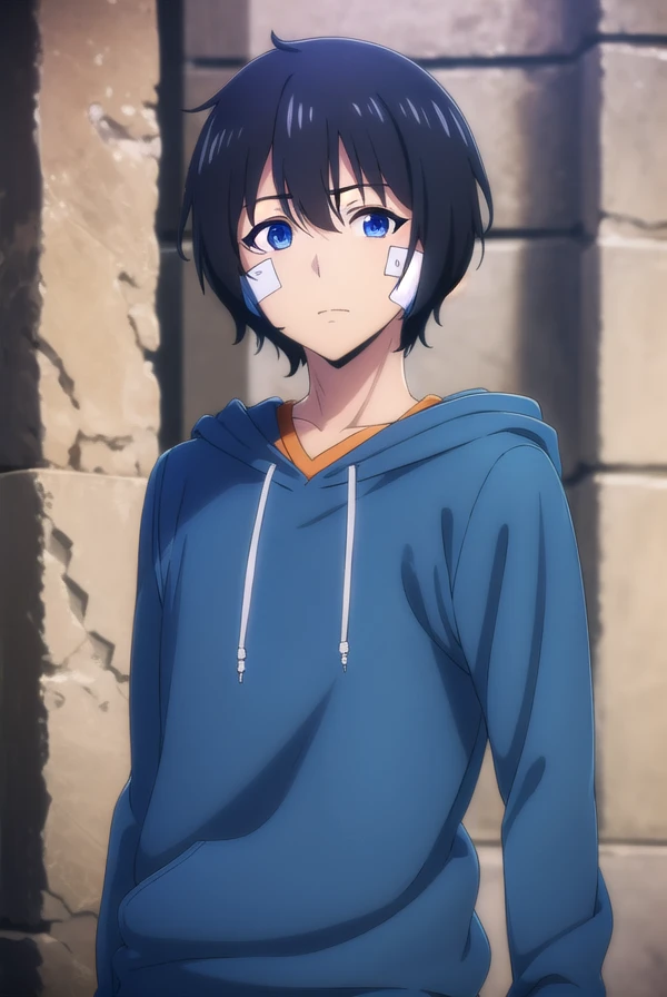 jinwoosung, <lora:jinwoo sung-alpha-lora-nochekaiser:1>,
jinwoo sung, blue eyes, black hair, hair between eyes, male focus,
BREAK hood, hoodie, bandages, hood down, bandaid, orange shirt, blue hoodie, bandage on face,
BREAK outdoors, city,
BREAK looking at viewer, (cowboy shot:1.5),
BREAK <lyco:GoodHands-beta2:1>, (masterpiece:1.2), best quality, high resolution, unity 8k wallpaper, (illustration:0.8), (beautiful detailed eyes:1.6), extremely detailed face, perfect lighting, extremely detailed CG, (perfect hands, perfect anatomy),