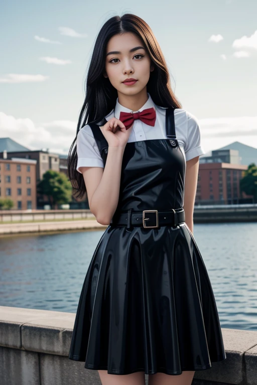 1 woman, 22yo,  realistic, masterpiece, high detailed skin, looking at viewer, full body shot, scenic view, long hair, black hair
<lora:Latex_Pinafore_School_Dress_By_Stable_Yogi:0.8> black latex pattern pinafore dress, school dress, long skirt, red bowtie, belt