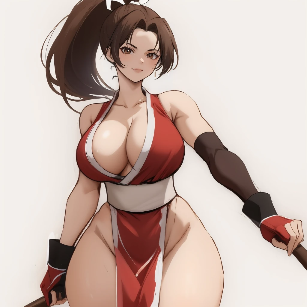 (masterpiece, best quality:1.3), Rakeenart, 1girl, solo, looking at viewer, wide hips, mature female, closed mouth, simple background, seductive smile, large breasts, cowboy shot, thick thighs, <lora:Rakeenart Style Lora:.85>, shiranui mai, brown eyes, long hair, brown hair, white ribbon, sleeveless, ponytail, sash, pelvic curtain, arm guards, gloves, tabi <lora:shiranui maiV1:.7>
