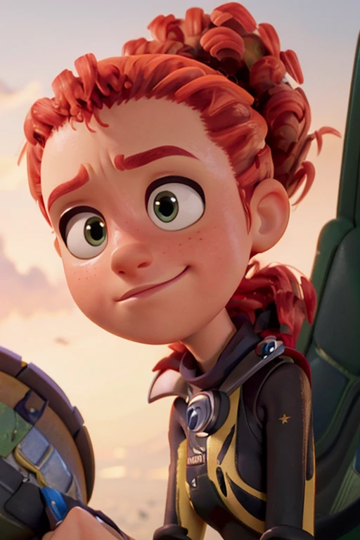 Tulip From Storks, bushy ponytail,  portrait,  3d,  catoon,  pixar, happy expression,  soft smile,  closed mouth,  close up,  adult,  spy suit,<lora:EMS-266278-EMS:1.000000>,<lora:EMS-25950-EMS:0.500000>