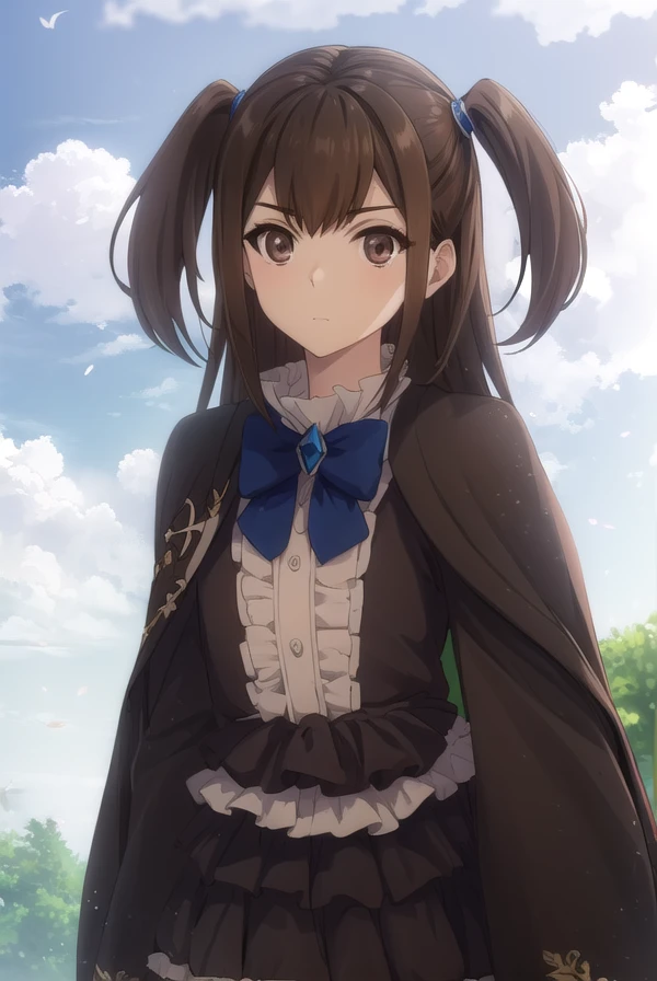 kizunakazayama, <lora:kizuna kazayama s2-lora-nochekaiser:1>,
kizuna kazayama, long hair, brown hair, (brown eyes:1.5), two side up,
BREAK long sleeves, dress, bow, frills, wide sleeves, bowtie, cape, blue bow, brooch, green dress, black cape,
BREAK outdoors, forest, nature, sky, sun, clouds,
BREAK looking at viewer, (cowboy shot:1.5),
BREAK <lyco:GoodHands-beta2:1>, (masterpiece:1.2), best quality, high resolution, unity 8k wallpaper, (illustration:0.8), (beautiful detailed eyes:1.6), extremely detailed face, perfect lighting, extremely detailed CG, (perfect hands, perfect anatomy),