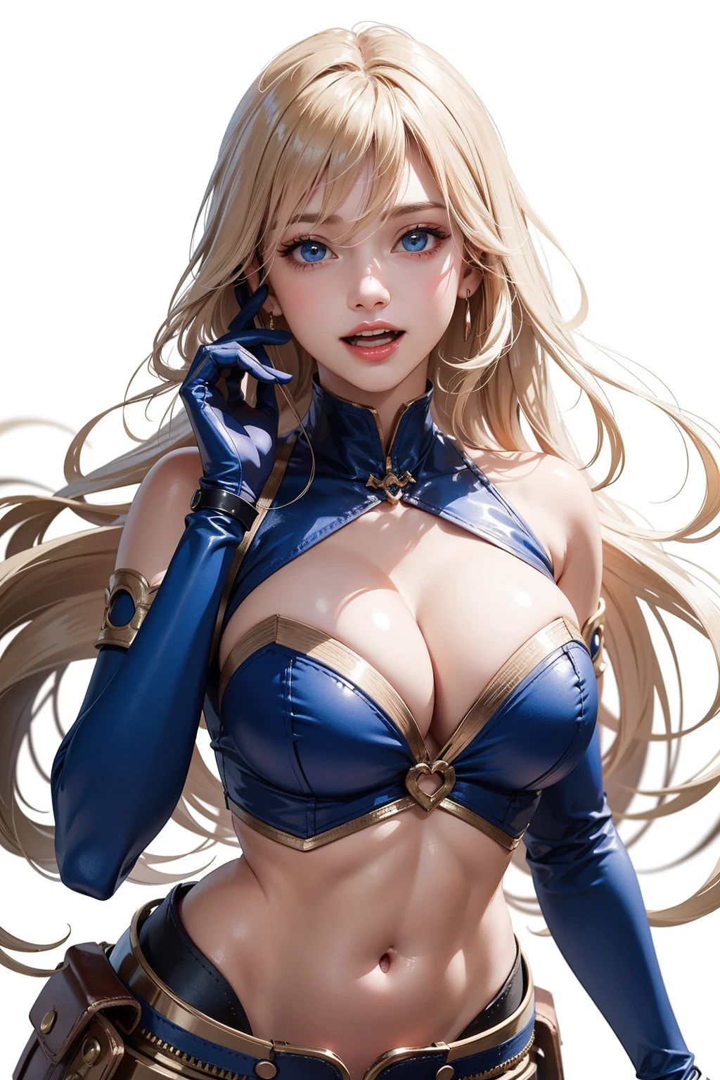 1girl,blonde hair,large breasts,solo,blue eyes,long hair,open mouth,smile,cleavage,blue gloves,elbow gloves,cosplay,clothing cutout,hair between eyes,bangs,navel,
simple background,white background,, (masterpiece:1.3), (best quality:1.3),