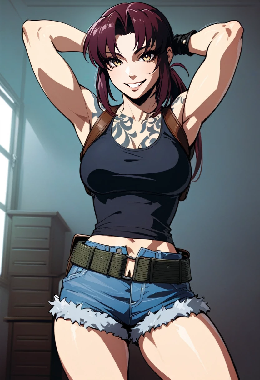 (art by andava:0.5), solo, 1girl, revy, smile, arms behind head, ponytail, tank top, fingerless gloves, denim shorts, holster, belt, indoors, newest <lora:blacklagoon_revy_xl-000004:1>