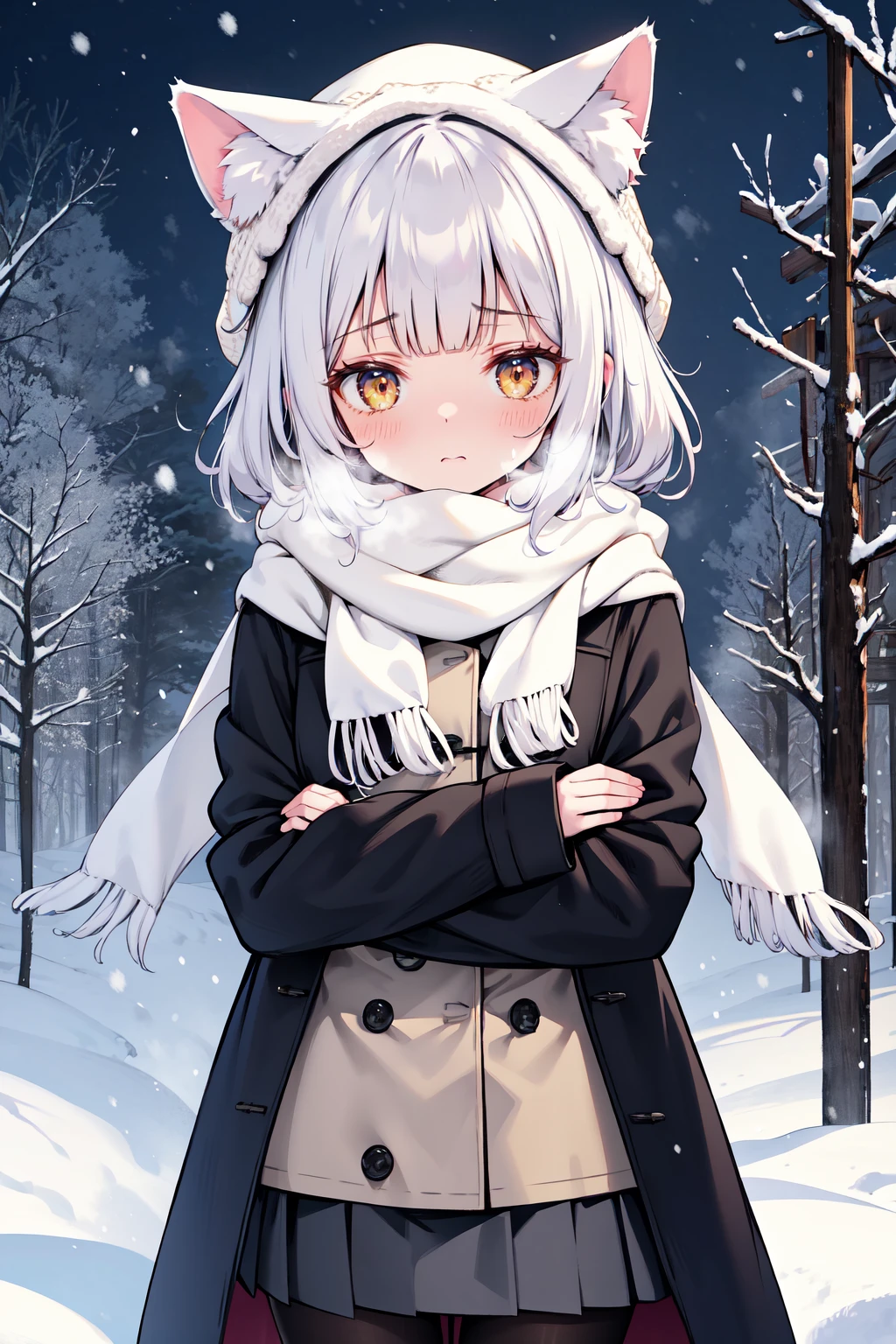 ke-ta, forest, snow, snowing, blizzard, winter night, wind effect, 1girl, short white hair, blunt bangs, cat ears, animal ear fluff, beanie, ears through headwear, scarf, overcoat, skirt, black pantyhose, brown boots, feeling cold, trembling, arms crossed, hugging own arms, nose blush, <lyco:STYLE-Ke-Ta_v1.7:1>,