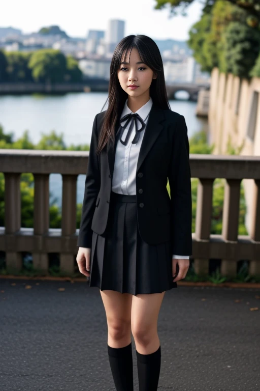 realistic, masterpiece, high detailed skin, looking at viewer, full body shot, scenic view, long hair, black hair
<lora:Black_White_School_Dress_By_Stable_Yogi:0.8> school uniform, black jacket, long sleeves, collared shirt, white shirt, neck ribbon, grey skirt, black socks, footwear