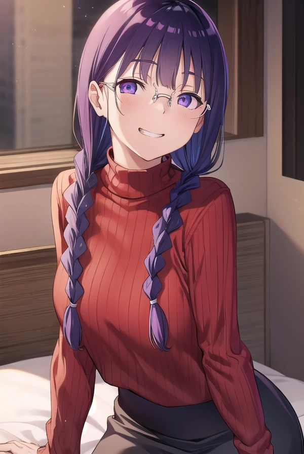 ringoyamiyoshi, <lora:ringoya miyoshi manga-lora-nochekaiser:1>,
miyoshi, long hair, bangs, (purple eyes:1.1), purple hair, braid, glasses, twin braids, smile, grin,
BREAK long sleeves, sweater, turtleneck, turtleneck sweater, (red sweater:1.5), skirt, long skirt,
BREAK indoors, bed,
BREAK looking at viewer, (cowboy shot:1.5),
BREAK <lyco:GoodHands-beta2:1>, (masterpiece:1.2), best quality, high resolution, unity 8k wallpaper, (illustration:0.8), (beautiful detailed eyes:1.6), extremely detailed face, perfect lighting, extremely detailed CG, (perfect hands, perfect anatomy),