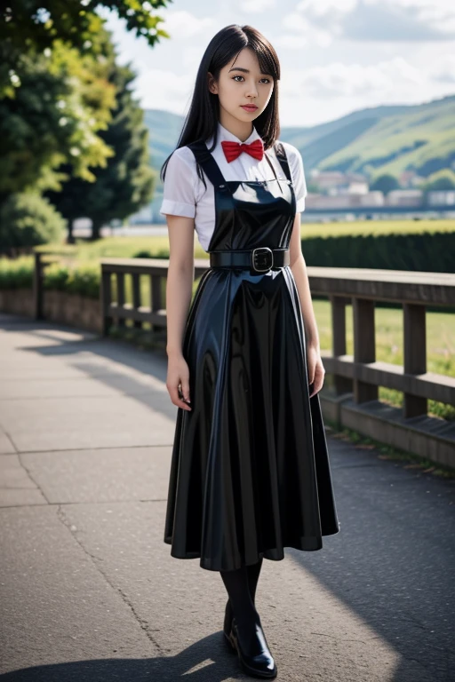 1 woman, 22yo, realistic, masterpiece, high detailed skin, looking at viewer, full body shot, scenic view, long hair, black hair
<lora:Latex_Pinafore_School_Dress_By_Stable_Yogi:0.8> black latex pattern pinafore dress, school dress, long skirt, red bowtie, belt