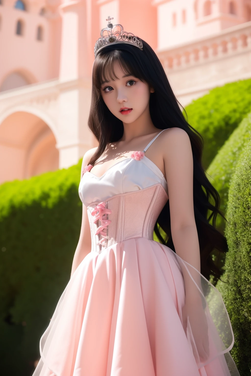 <lora:zqy:0.6:lbw=FACE>1 girl,
<lora:AmagiBrilliantPark_LatifaFleuranza:0.6:lbw=CLOTHING>qbcinderella,
LatifaFleuranza, princess, long wavy black hair, black eyes, intricate silver tiara, pink and white dress, corset with red lacing, white gloves, elegant, castle background, lush greenery, daylight, (highres:1.3), (detailed:1.2), (vibrant:1.1), clean line art, soft shading, (happy:0.9)