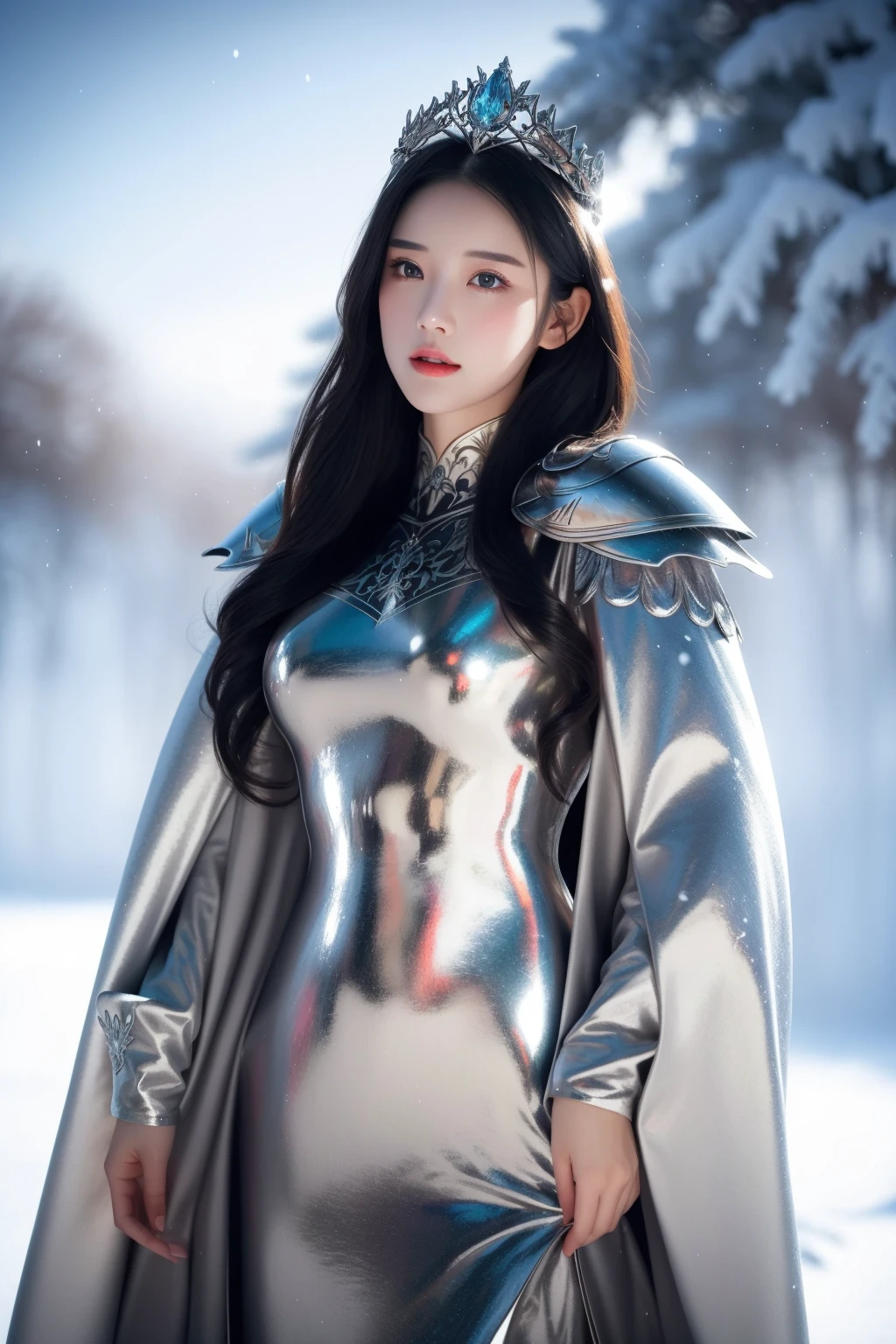 <lora:tj:0.6:lbw=FACE>1 girl,
<lora:cinderella-qb-richy-v1:0.6:lbw=CLOTHING>qbcinderella,
knight, long black hair, black eyes, silver armor, fantasy, elegant crown, winter landscape, snowflakes, cold atmosphere, (highres:1.3), (detailed:1.2), majestic, confident stance, (metallic shine:1.1), royal, poised, serene expression, (vibrant:1.1), detailed armor design, shimmering metal, intricate embroidery on cloak