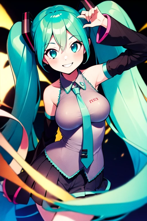 best quality, masterpiece, ultra high res, 1girl, hatsune miku, very long hair, twintails, aqua hair, aqua eyes, medium breasts, green necktie, grey shirt, black sleeves, detached sleeves, black mini skirt, smile <lora:nezumidoshi:1>