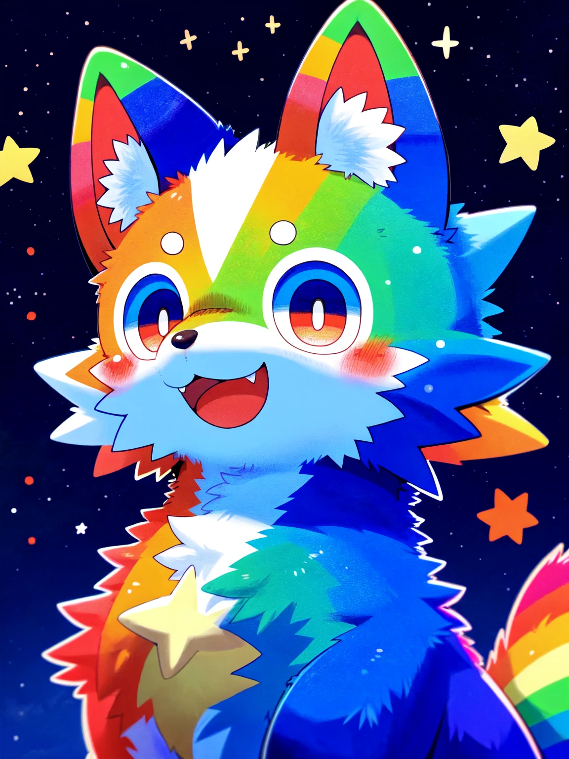 hi res, nsfw, kemono, kawaii style, furry, solo, male, wolf , feral, quadruped, cute, adorable, brightly colored, cheerful, anime influence, highly detailed, star, rainbow, glitter, stripes, crescent moon, huge canine penis, huge knot, huge balls, canine penis