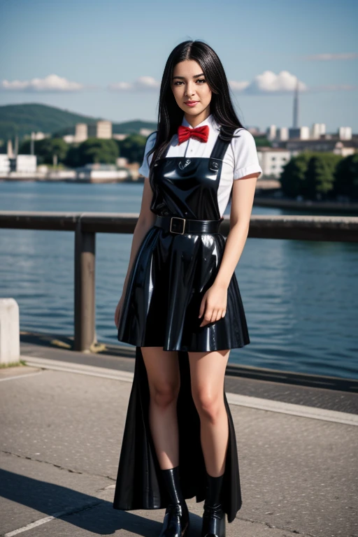 1 woman, 22yo, realistic, masterpiece, high detailed skin, looking at viewer, full body shot, scenic view, long hair, black hair
<lora:Latex_Pinafore_School_Dress_By_Stable_Yogi:0.8> black latex pattern pinafore dress, school dress, long skirt, red bowtie, belt