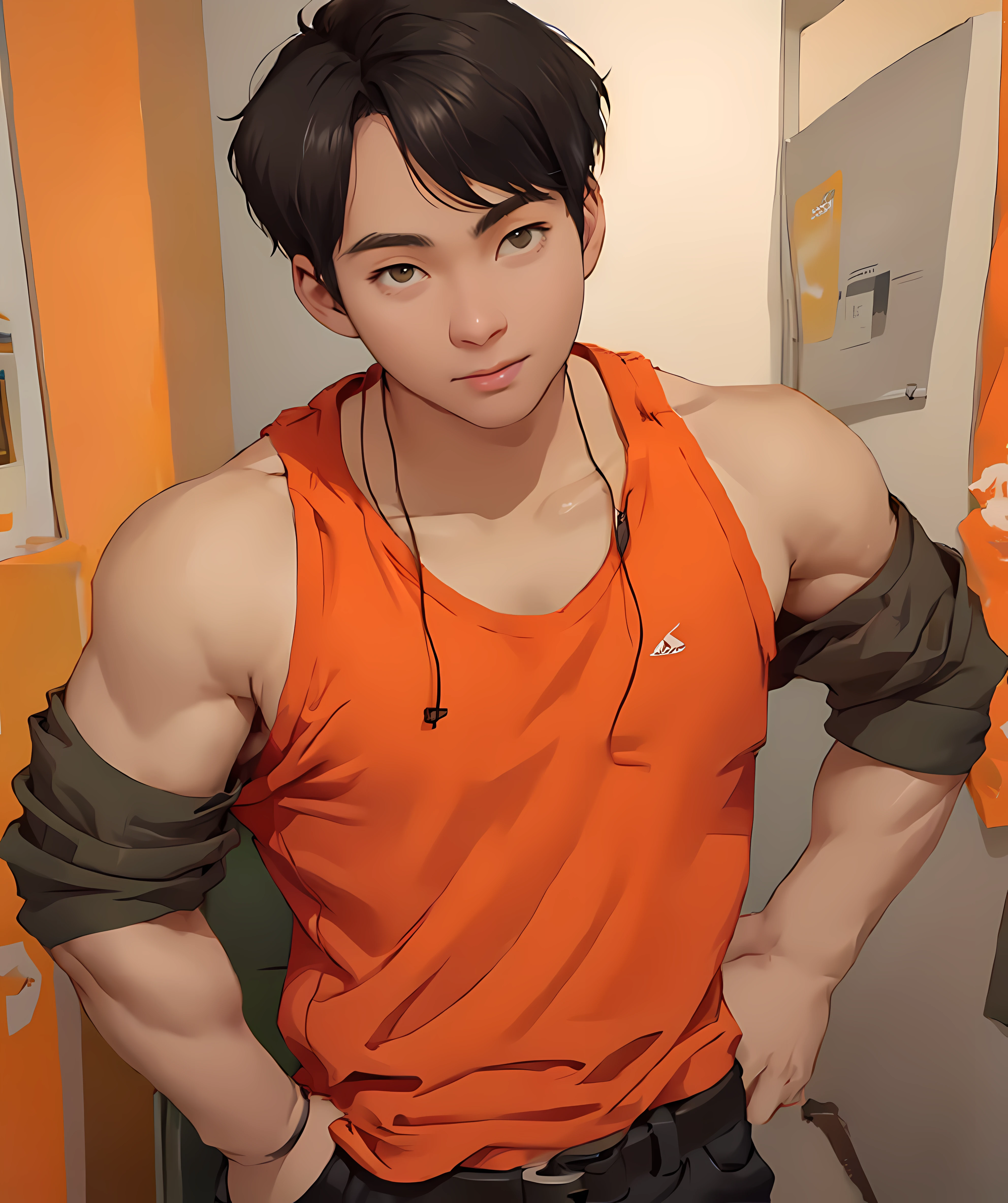 (Masterpiece) best quality, high quality,perfect face,hd, a kpop singer wonho, muscular,.abs ,shirtless ,wearing only singlet
