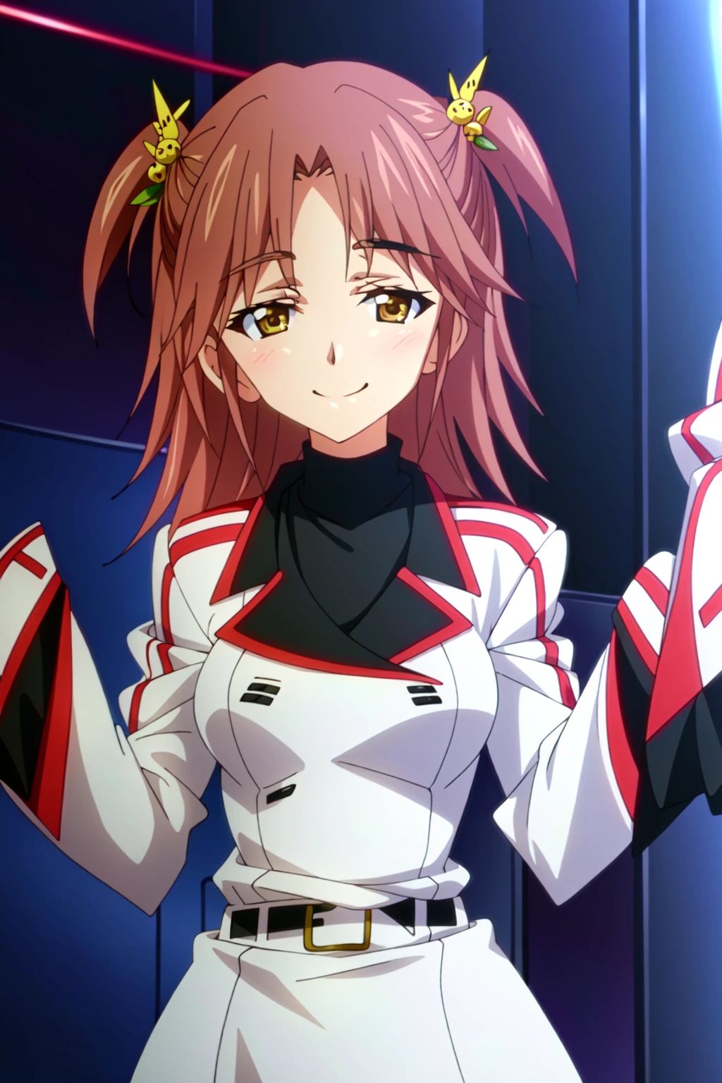 (extremely detailed CG unity 4k wallpaper),(masterpiece),(best quality),(ultra-detailed),(best illustration),(best shadow),(absurdres),(detailed background), <lora:OGT_Honne_Nohotoke-v1:1> Honne Nohotoke, 1girl, solo, smile, looking at viewer, two side up, hair ornament, upper body, brown hair, long hair, uniform, yellow eyes, long sleeves, brown eyes, breasts, twintails