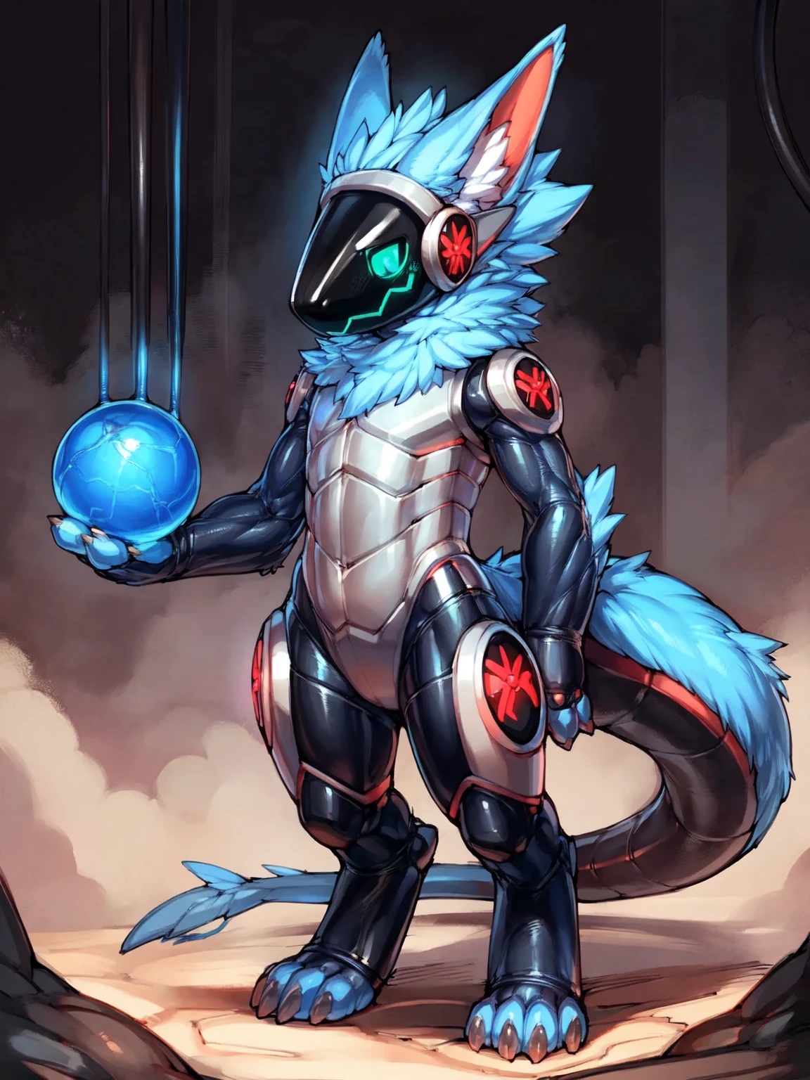 best quality, perfect anatomy, hi res, orokintech, illustration, kemono, male, protogen, hybrid, detailed eyes, serious face, glistening eyes, mecha, synthetic, metallic body, fluorescence, luxurious, cable, biomechanical, rubber suit, dust, sphere, power grid, holding object, by rapel, by mamaduo, by bakuhaku, by omikuro, (by mystikfox61:0.6), by hanuvo, by wkar
