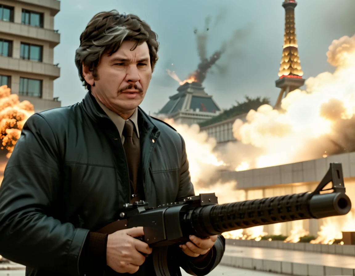cinematic film still of <lora:Bronson:0.8> A serious man firing a Browning machine gun blowing up the Pyongyang Ryugyong Hotel, shallow depth of field, vignette, highly detailed, high budget, bokeh, cinemascope, moody, epic, gorgeous, film grain, grainy