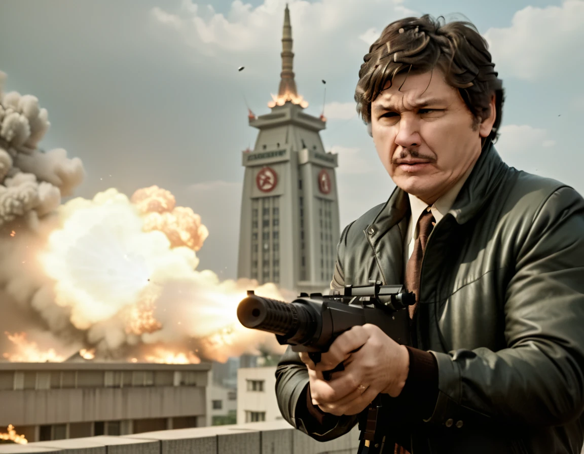 cinematic film still of <lora:Bronson:0.8> A serious man firing a Browning machine gun blowing up the Pyongyang Ryugyong Hotel, shallow depth of field, vignette, highly detailed, high budget, bokeh, cinemascope, moody, epic, gorgeous, film grain, grainy