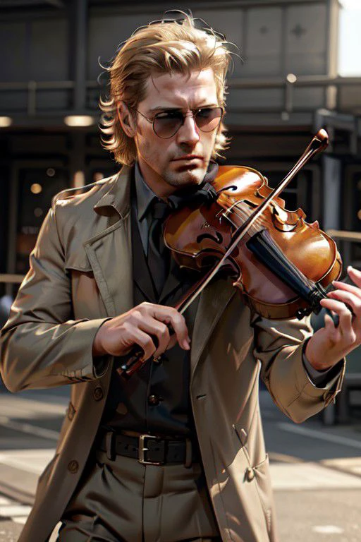 Kazuhira Miller, blue eyes, blond hair, stubble, wore aviator sunglasses, white collared shirt, green suit with a red tie,  open khaki trench coat, fit body, handsome, charming, alluring, intense gaze, (playing_violin:1.2), violin, play like a fiddle , (upper body in frame), perfect light, Metal Gear Solid location, perfect anatomy, perfect proportions, perfect perspective, 8k, HQ, (best quality:1.2, hyperrealistic:1.2, photorealistic:1.2, madly detailed CG unity 8k wallpaper:1.2, masterpiece:1.2, madly detailed photo:1.2), (hyper-realistic lifelike texture:1.2, realistic eyes:1.2), picture-perfect face, perfect eye pupil, detailed eyes, realistic, HD, UHD