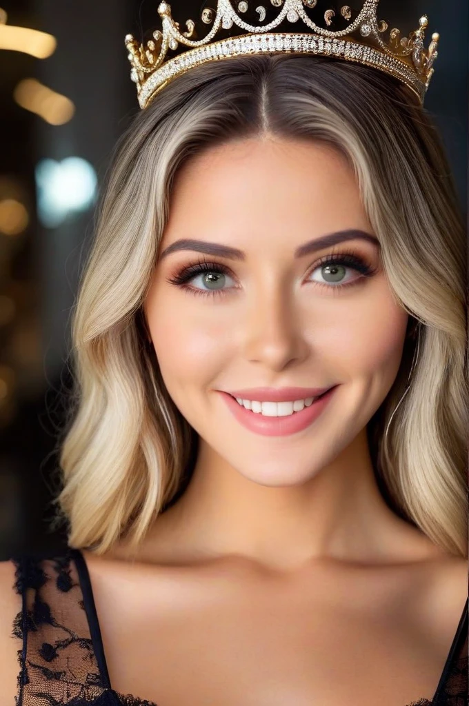 cinematic photo full face photo <lora:ashxschultz:1> ashxschultz, ultra-detailed face, and eyes, smile, dress like a queen, . 35mm photograph, film, bokeh, professional, 4k, highly detailed