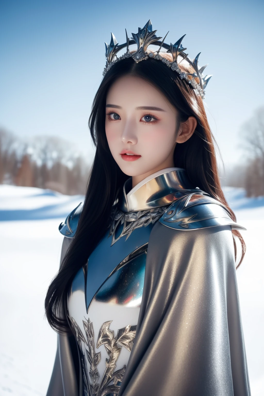 <lora:tj:0.6:lbw=FACE>1 girl, 
<lora:cinderella-qb-richy-v1:0.6:lbw=CLOTHING>qbcinderella, 
knight, long black hair, black eyes, silver armor, fantasy, elegant crown, winter landscape, snowflakes, cold atmosphere, (highres:1.3), (detailed:1.2), majestic, confident stance, (metallic shine:1.1), royal, poised, serene expression, (vibrant:1.1), detailed armor design, shimmering metal, intricate embroidery on cloak